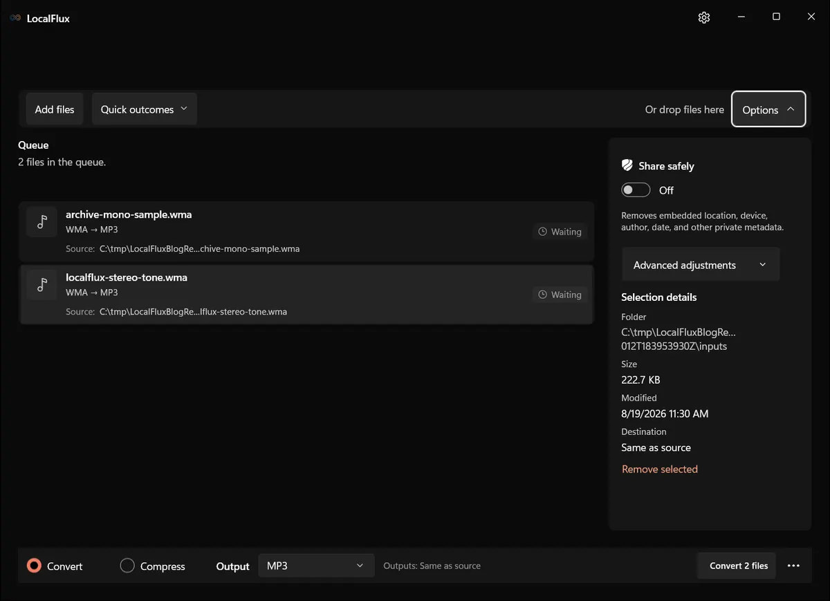 The LocalFlux options panel for WMA conversion.