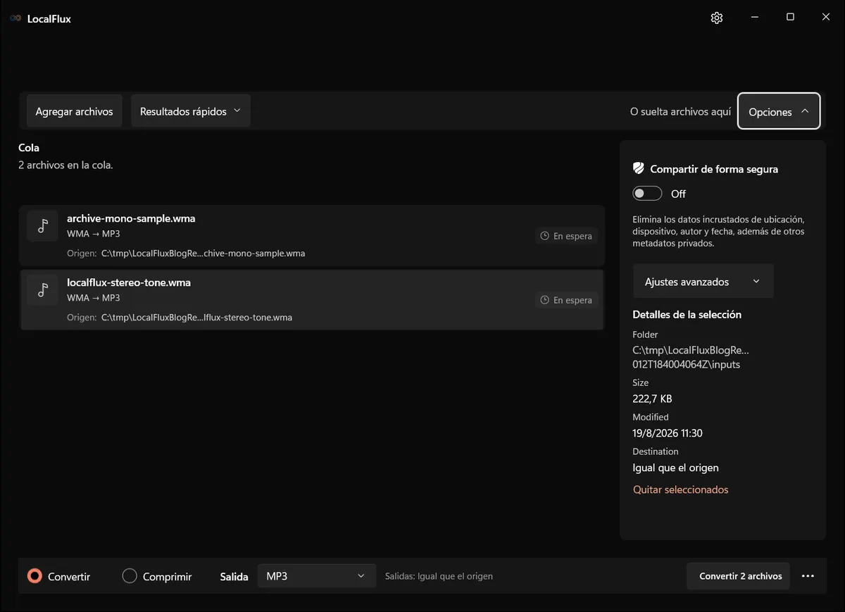 Opciones de salida: WMA → MP3