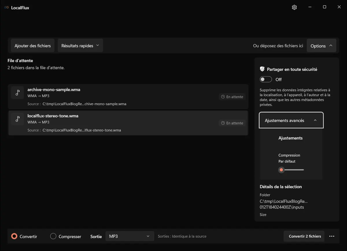 Réglages de conversion: WMA → MP3