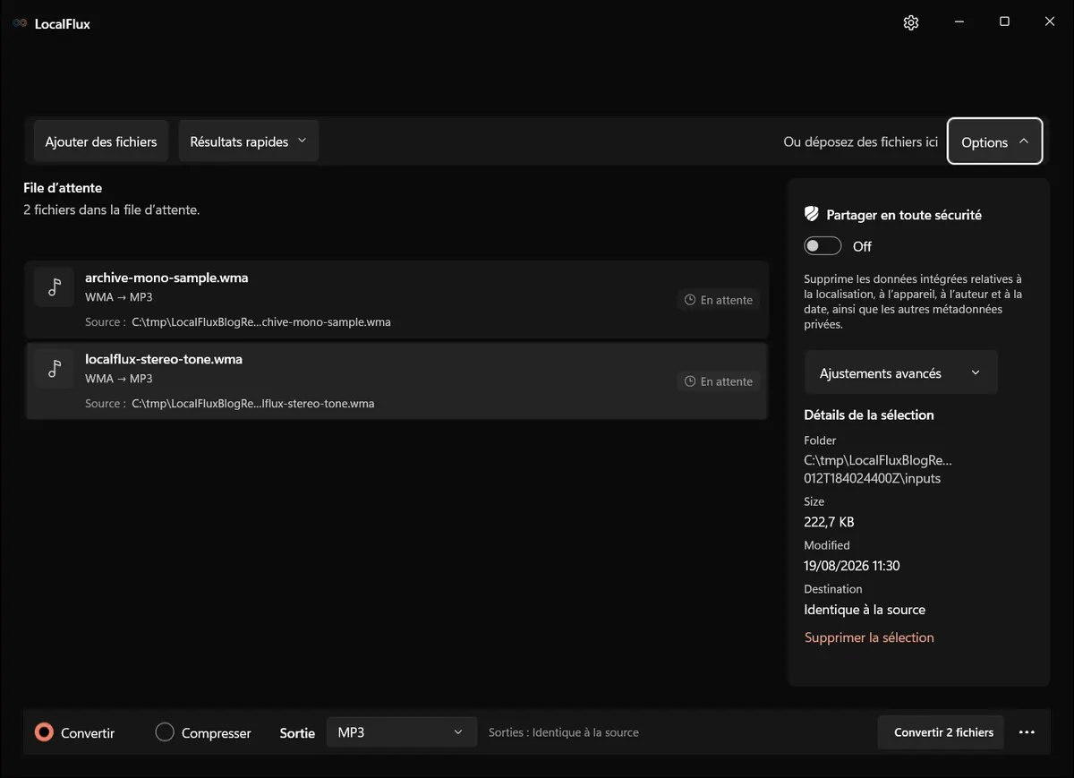 Options de sortie: WMA → MP3
