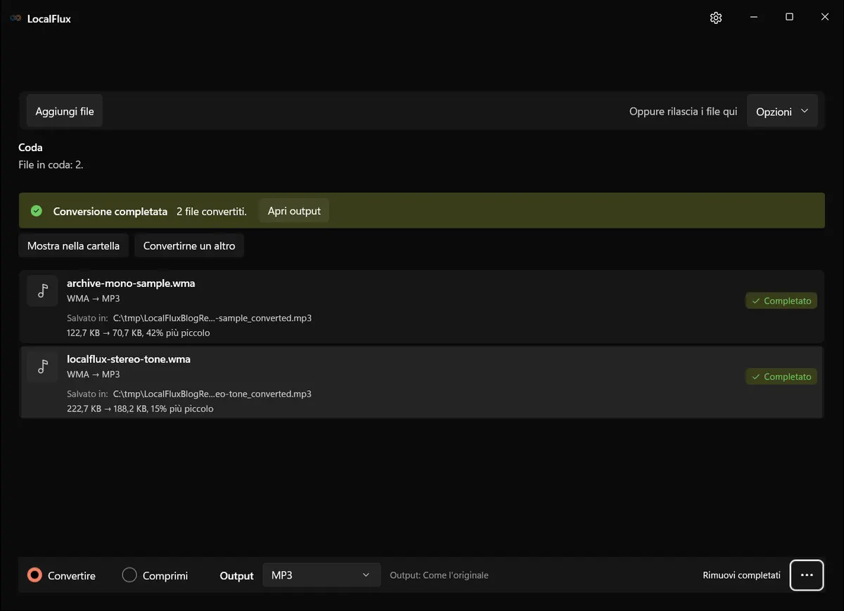 Due conversioni da WMA a MP3 completate in LocalFlux.
