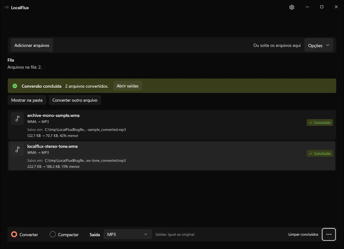 Duas conversões de WMA para MP3 concluídas no LocalFlux.
