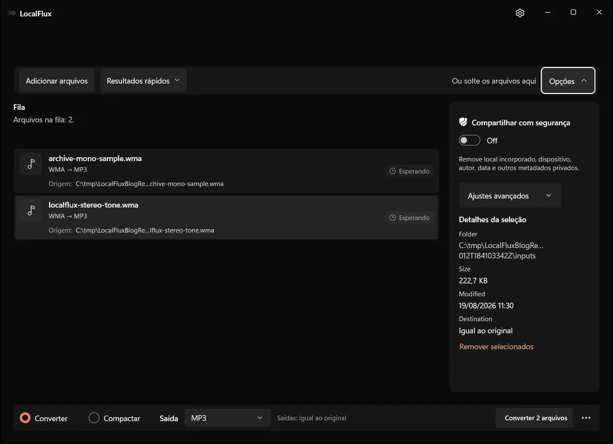 O painel de opções do LocalFlux para conversão de WMA.