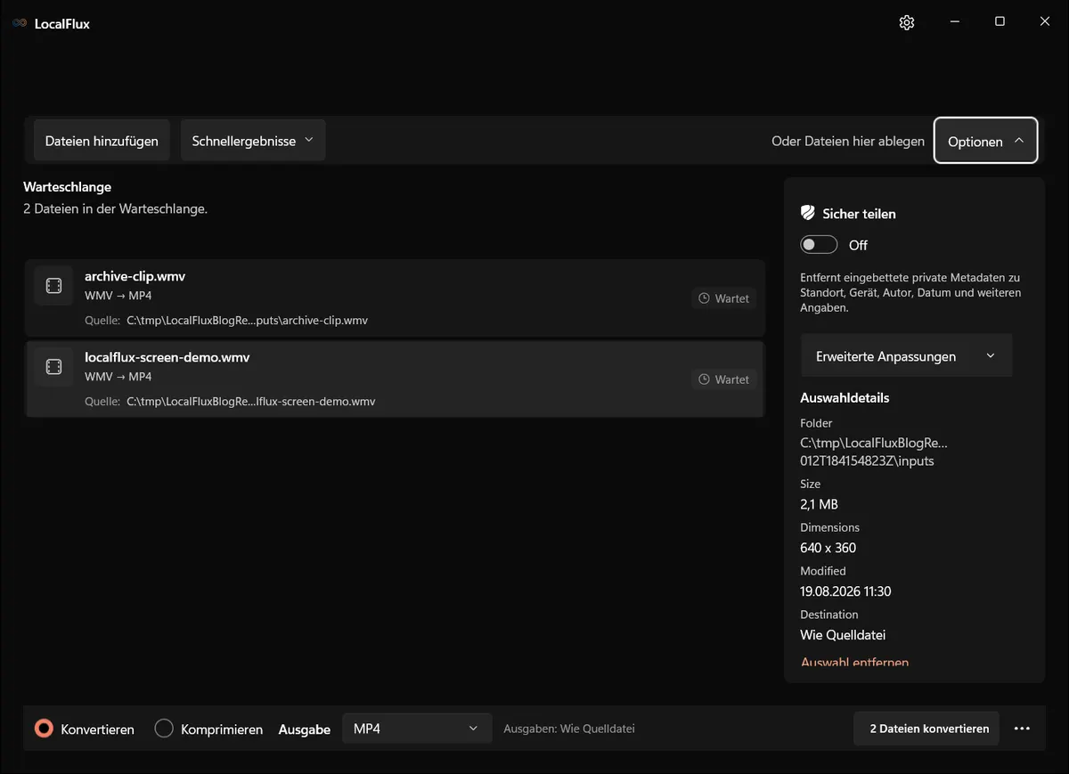 Ausgabeoptionen: WMV → MP4