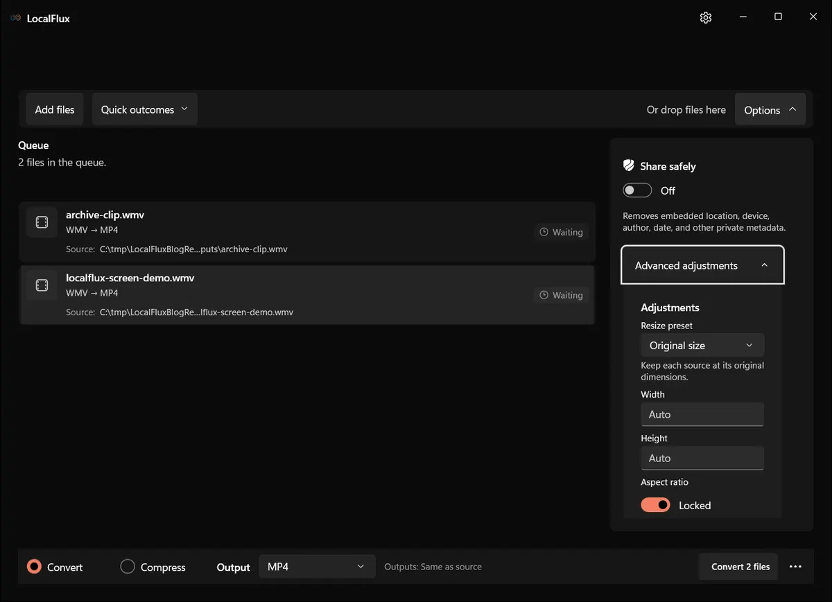 Default advanced adjustments for WMV conversion.