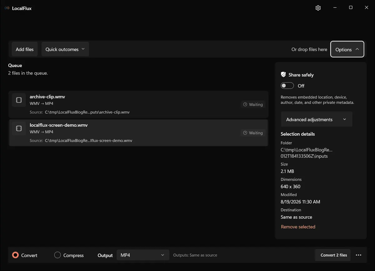LocalFlux options for the WMV batch.