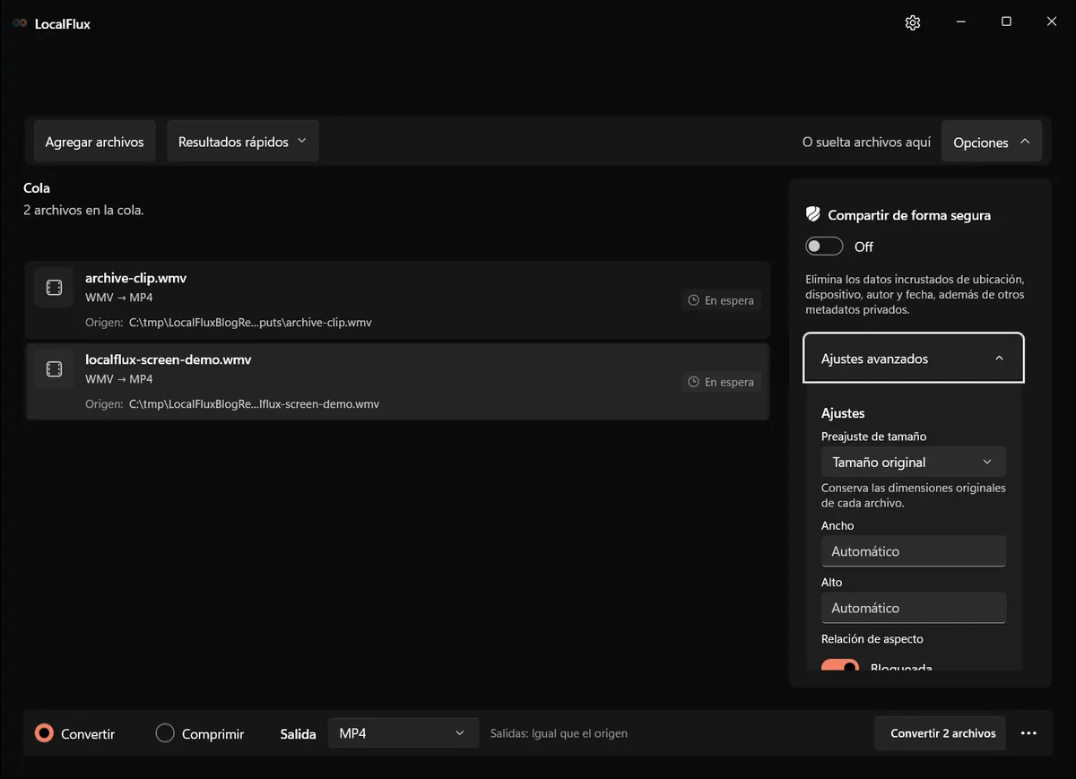 Ajustes de conversión: WMV → MP4