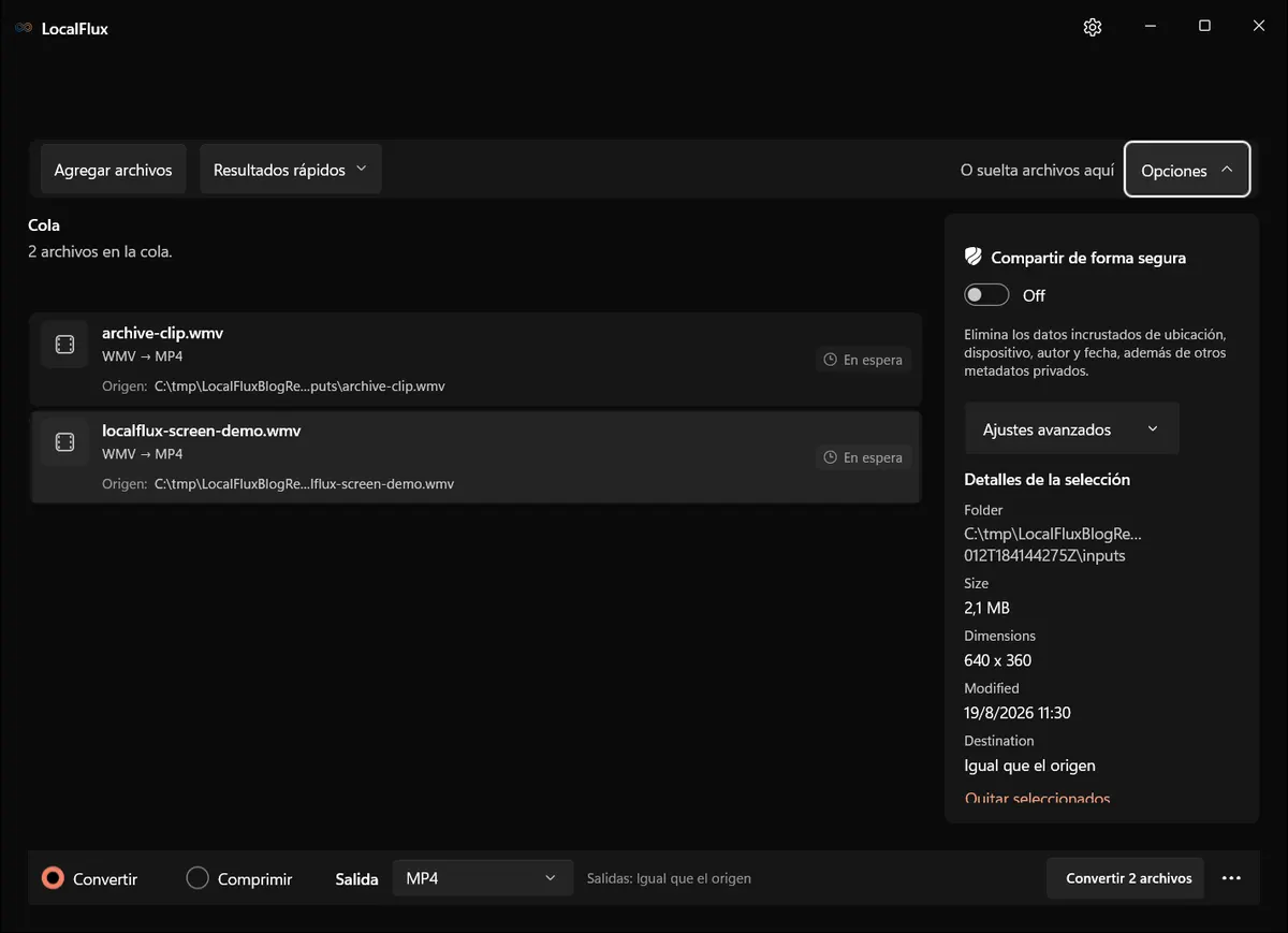 Opciones de salida: WMV → MP4