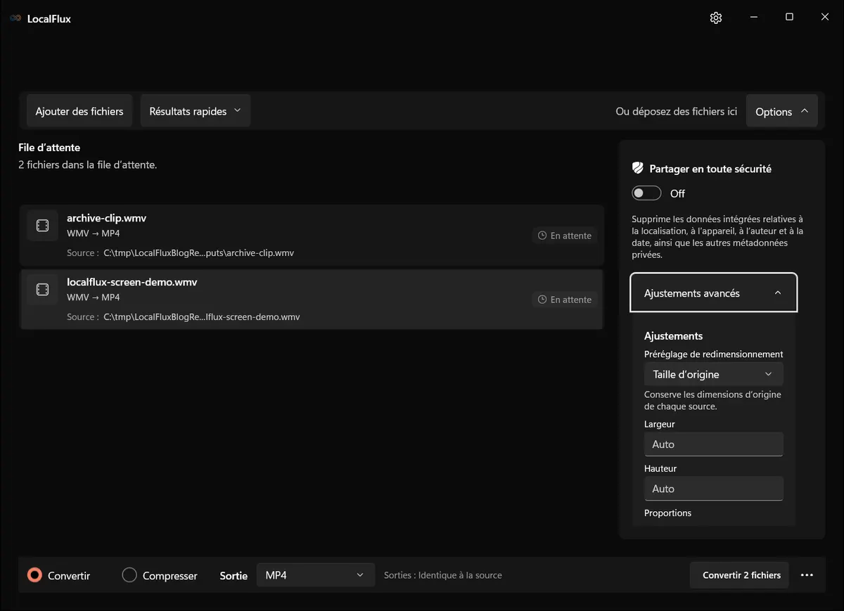 Réglages de conversion: WMV → MP4