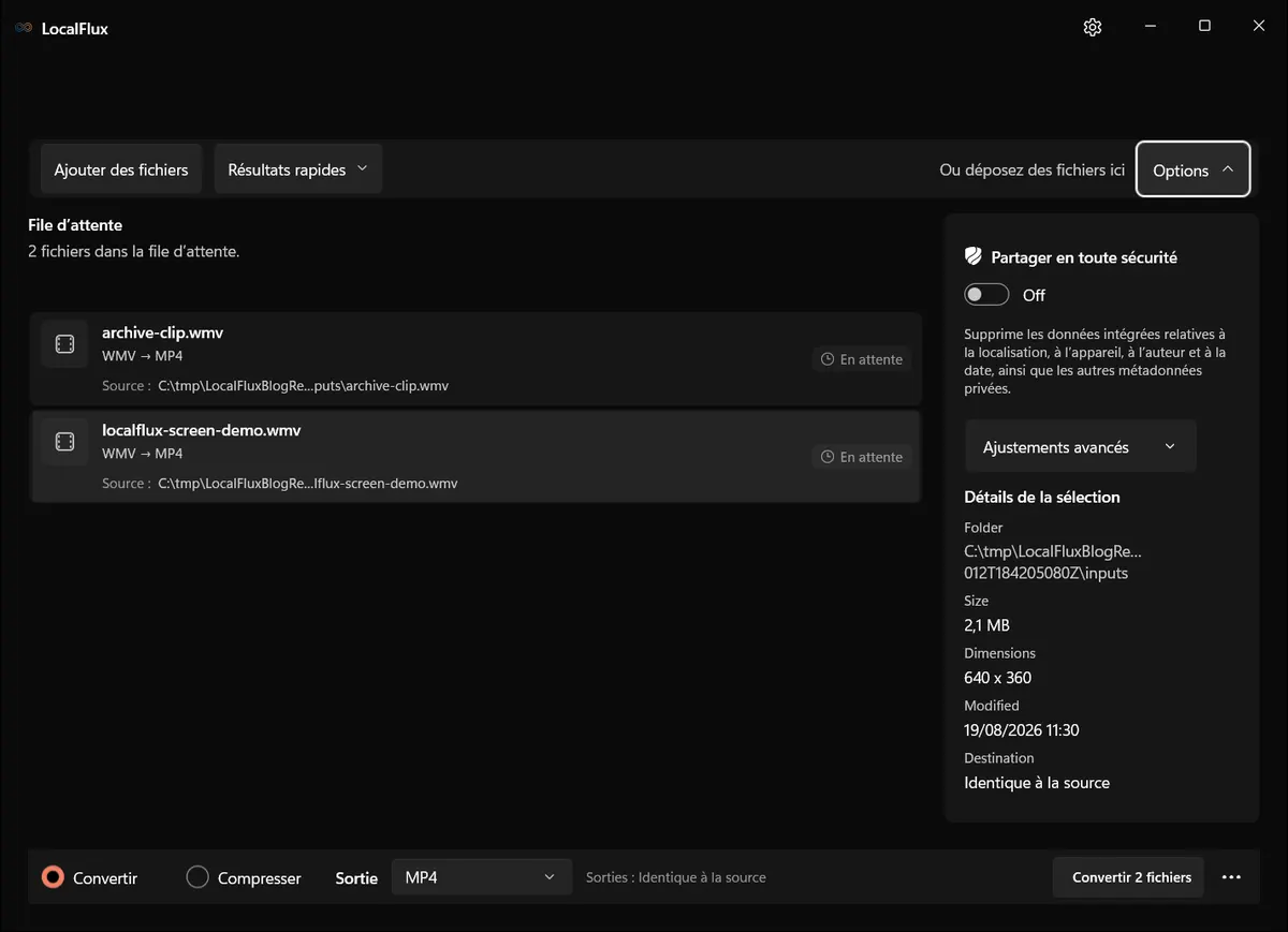 Options de sortie: WMV → MP4