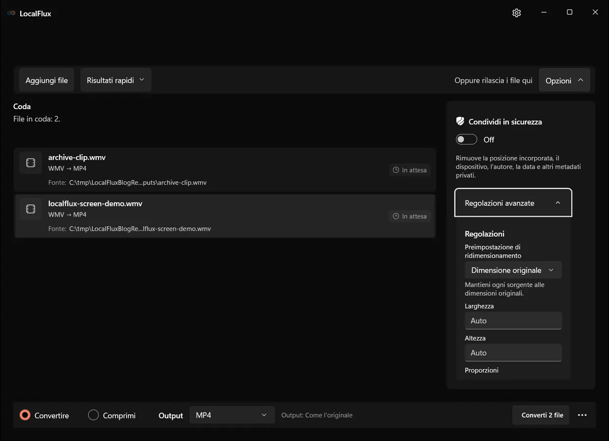 Regolazioni avanzate predefinite per la conversione WMV.