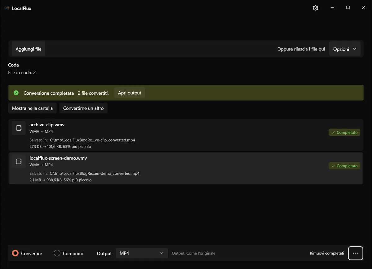 LocalFlux mostra due conversioni da WMV a MP4 completate in una cartella temporanea neutra C.