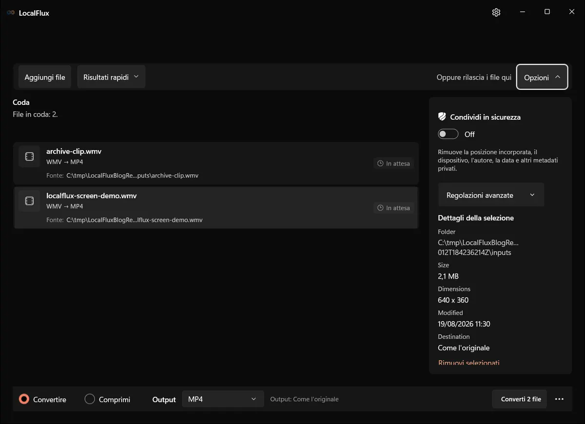 Opzioni di LocalFlux per il batch WMV.