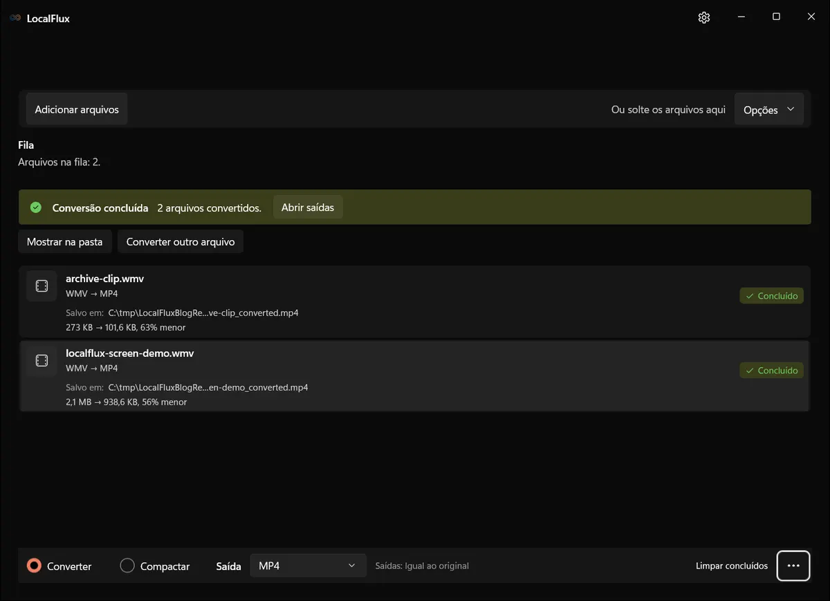LocalFlux mostrando duas conversões de WMV para MP4 concluídas em uma pasta tmp neutra na unidade C.