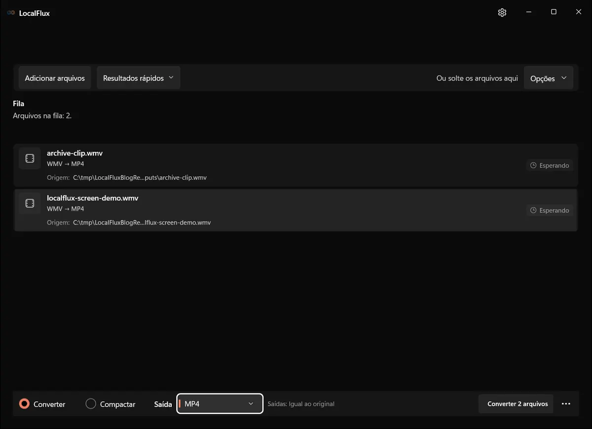 Dois arquivos WMV aguardando com MP4 selecionado.