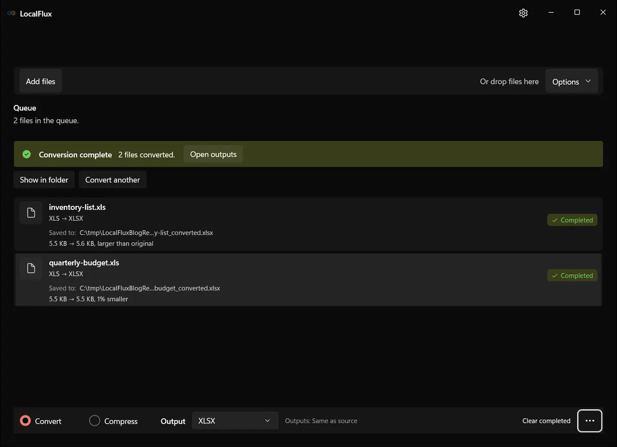 Completed XLS to XLSX conversion in LocalFlux