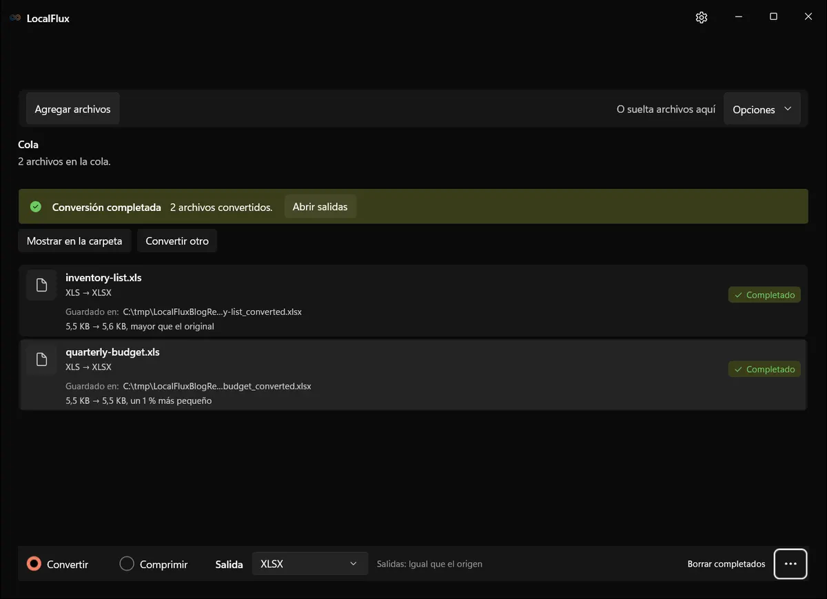 Libros XLSX completados en LocalFlux