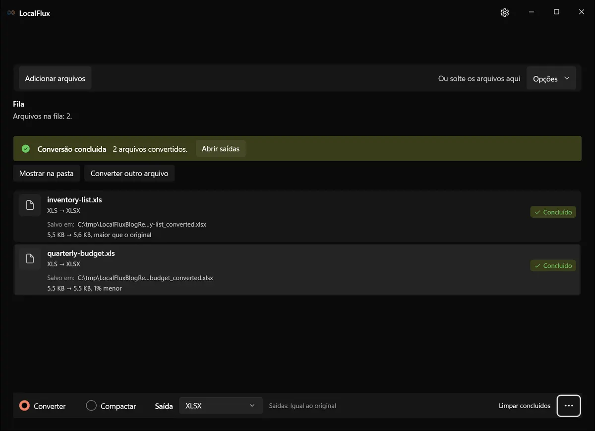 Conversão de XLS para XLSX concluída no LocalFlux