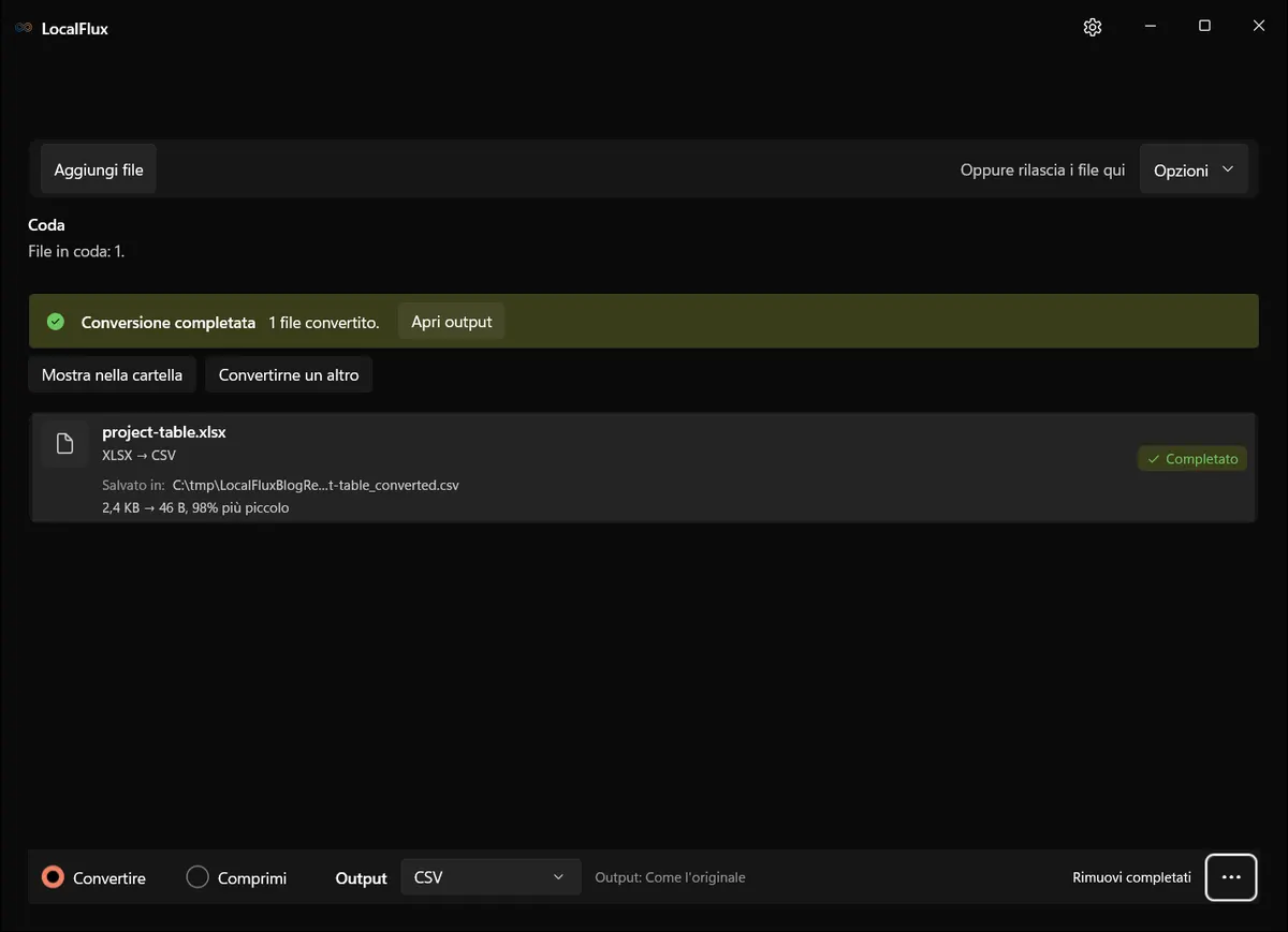 Conversione da XLSX a CSV completata